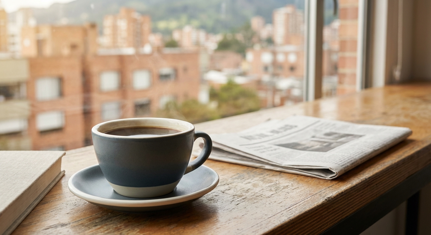 Café editorial en Bogotá, luz natural, estilo quiet luxury